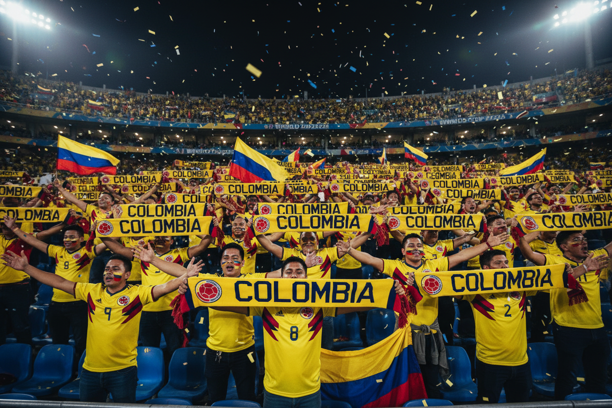 Hinchas Colombia en tribuna con bufandas