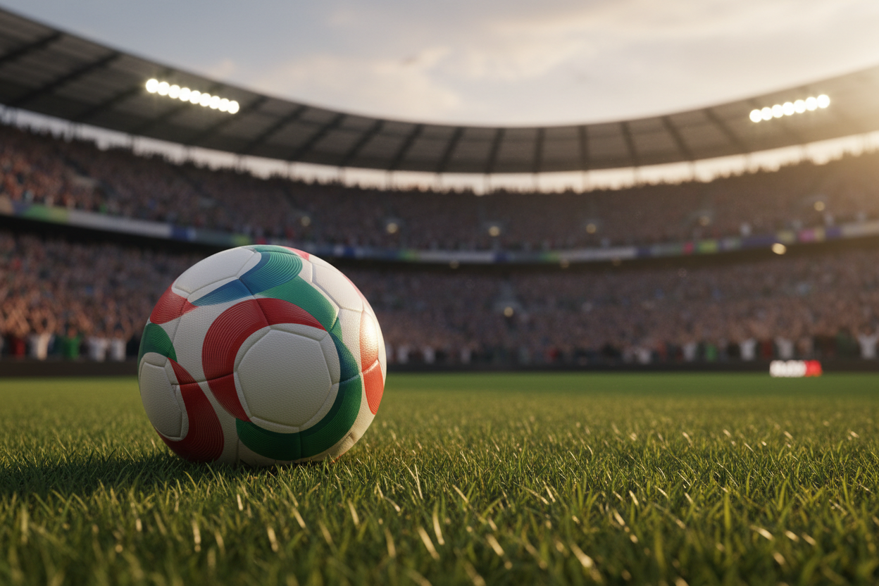 Balón coleccionista Mundial 2026 en césped de estadio lleno de público