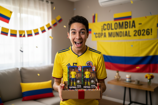 Adolescente feliz recibiendo figuras coleccionables Selección Colombia – regalo Mundial 2026