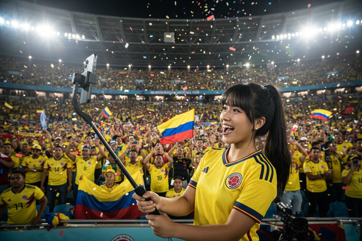 Modelo con gimbal en tribuna estadio Mundial 2026